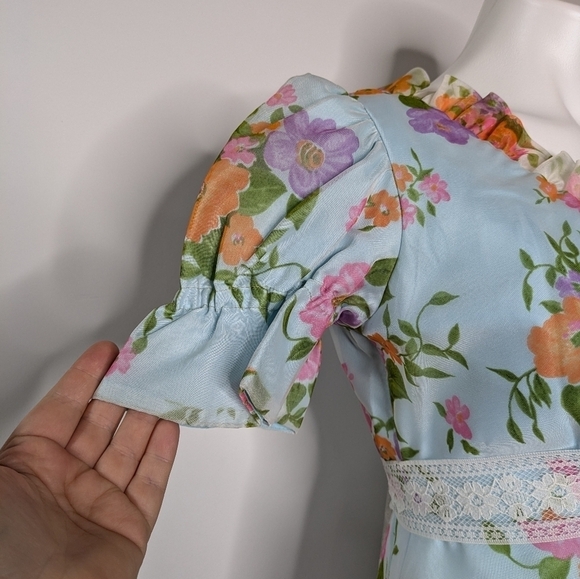 Vintage blue pink orange organza v neck puff sleeve ruffle neck maxi dress 10 - Picture 6 of 11